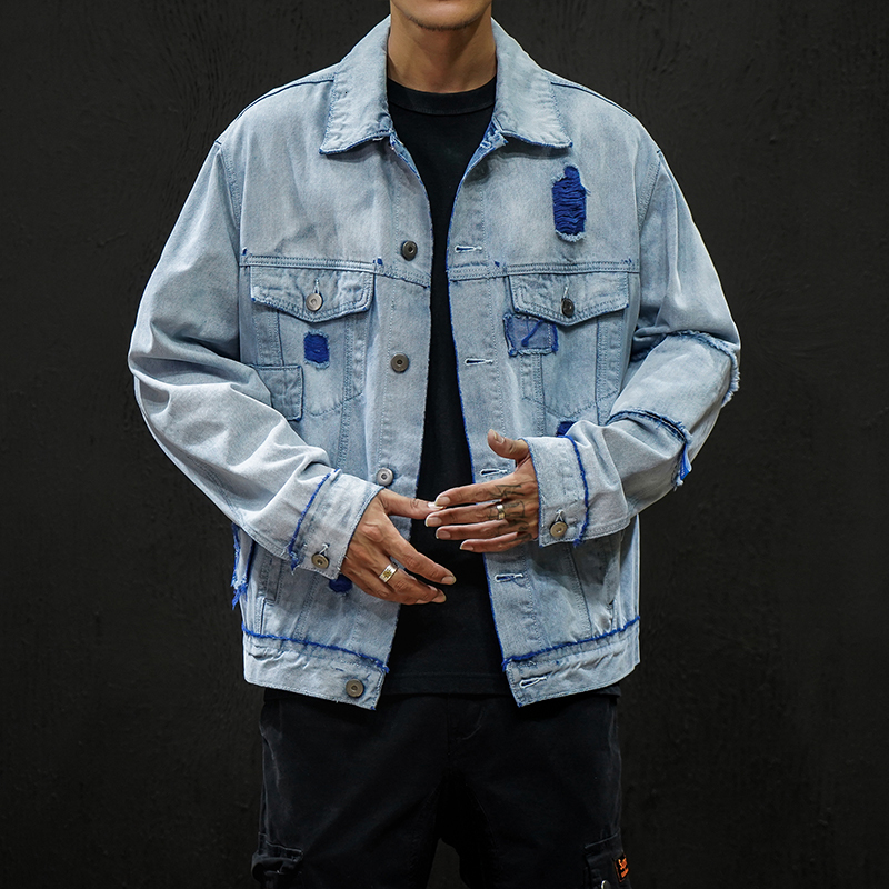 

2021 New Other Wear Hole Jeans Jackets Denim Oversize for Men Blue Spring Fall Pocket Fashion Design 93C6, J1719