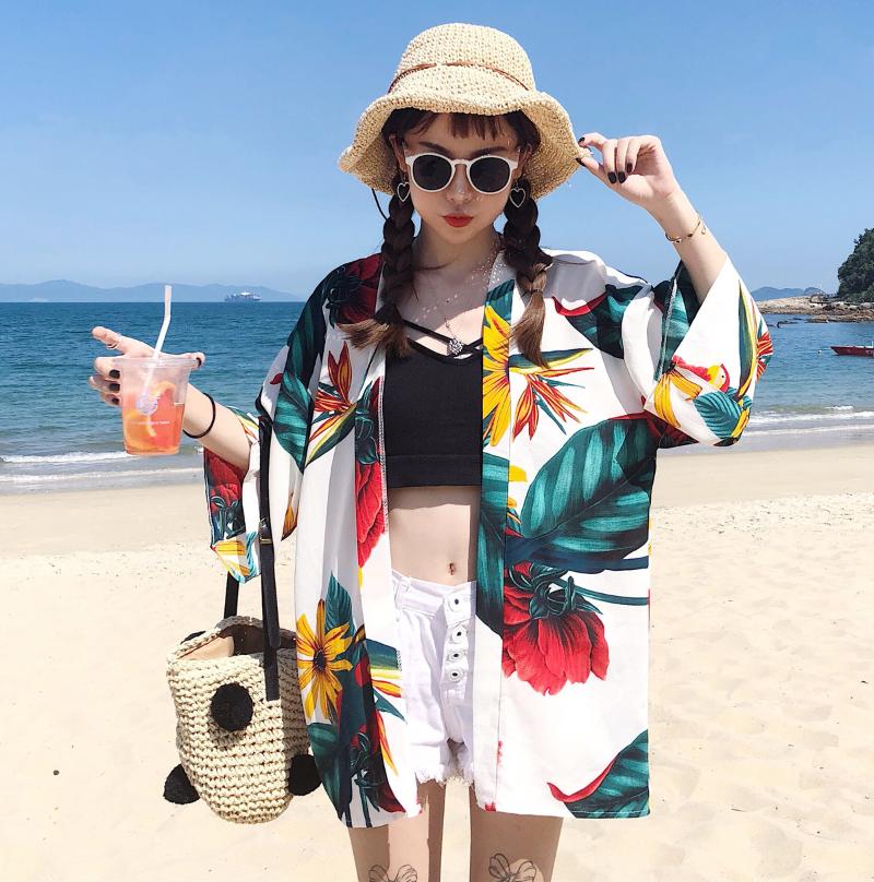 

Spring Women Boho Floral Print Blouse New Bell Sleeve Hollow Out Lace Patchwork Kimono Beach Cardigan Femme Chiffon Tops, 1925 picture color