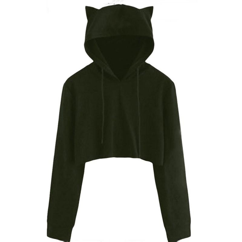 

Teen Girls Cute Cat Ear Breathable Trim Sweatshirt Crop Top Long Sleeve Pullover Hoodies Loose Pullover Moletom 2020 New Design, Army green