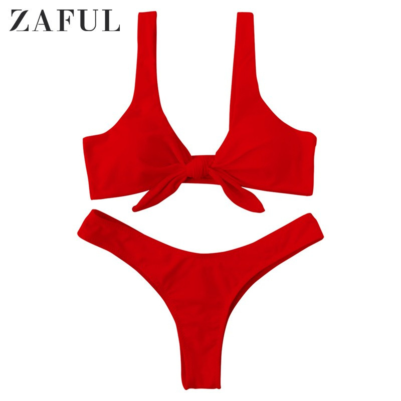 

ZAFUL Women Sexy Bikini Set Swimwear Knotted Padded Thong Swimsuit Wire Free Scoop Neck Bathing Suit Swimming Suit Y200319, Burgundy