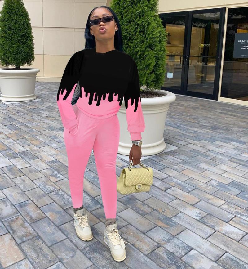 

Fitness Workout Two Piece Sets Casual Graffiti Print Patchwork Long Sleeve Women Sweatshirt Joggers Pants Suit Outfit Tracksuit, Green