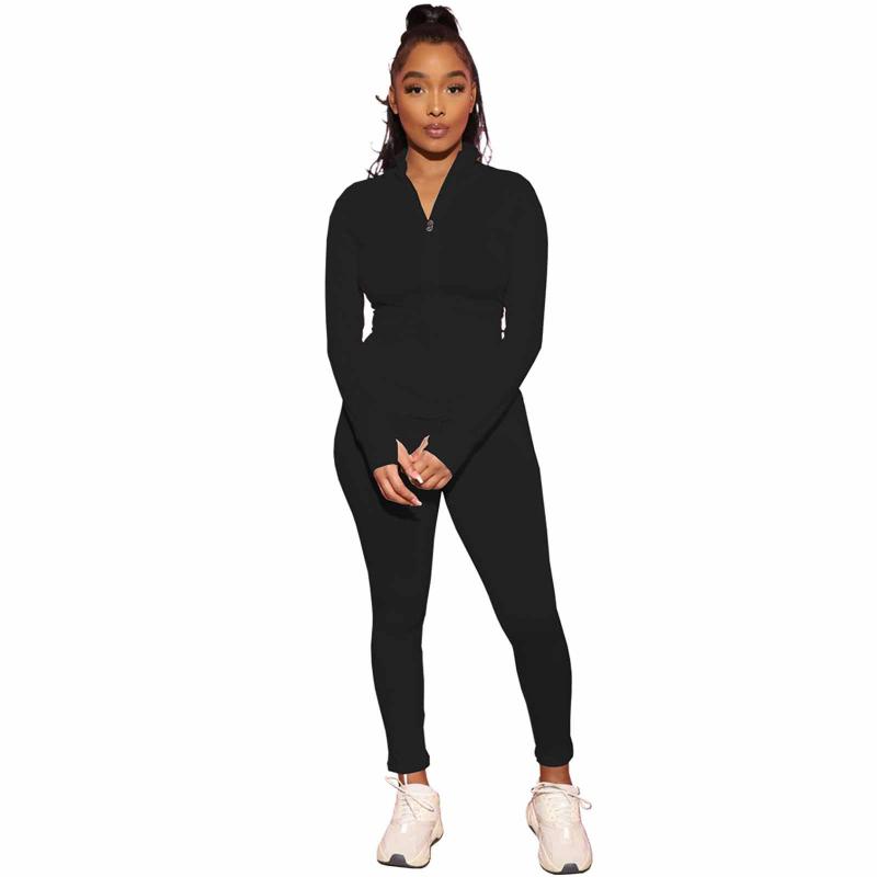 

High Quality Women' Yoga Sets Fashion Solid Full Sleeve Zip Stretch Strethcy Sports Suits Quick-dry Breathable Two-piece Set #3, Black