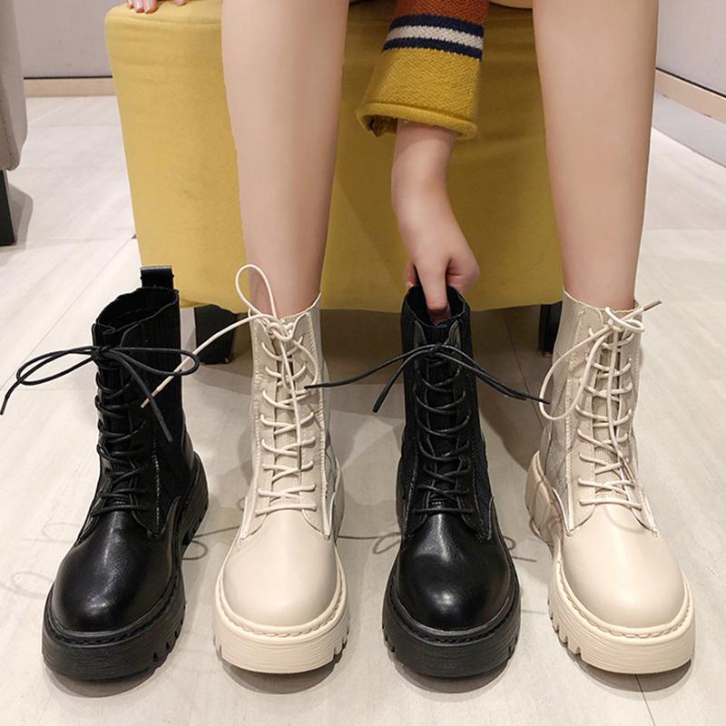 

GOOHOJIO 2020 New Autumn Breathable Shoe for Woman All-match Bandage Thick Women Ankle Boots Fashion Leather Women Boots, Beige
