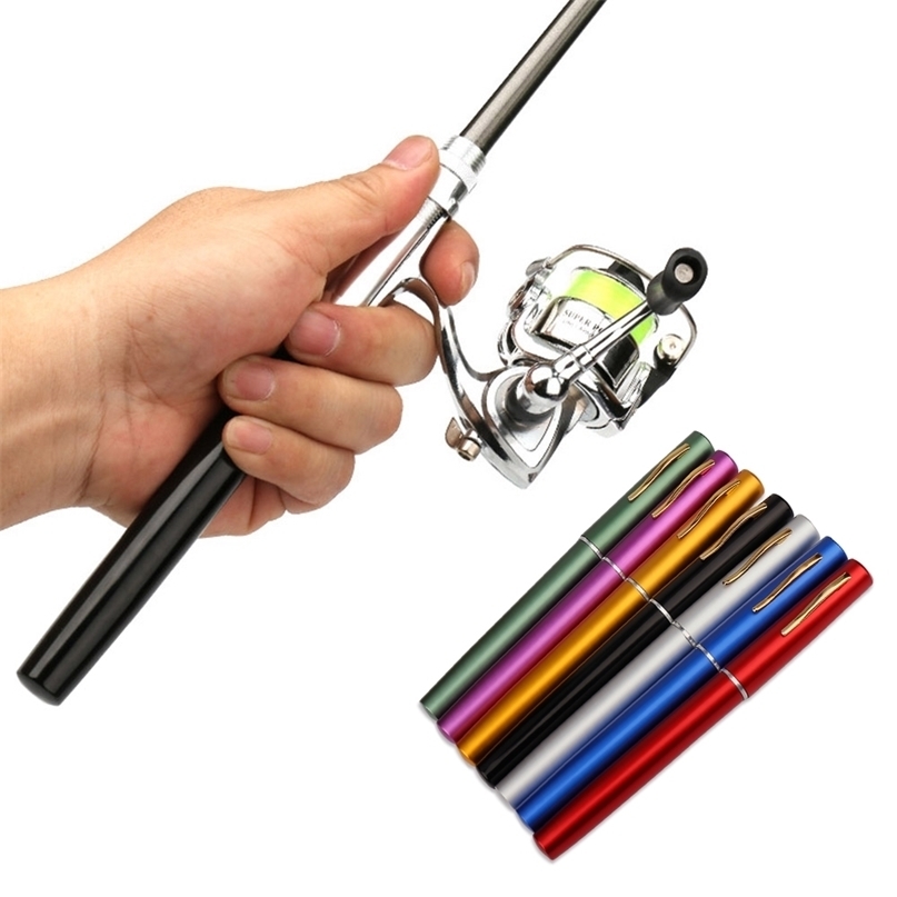 

1M / 1.4/1.6M Pocket Collapsible Fishing Rod Reel Combo Mini Pen Pole Kit 7 Colors Shape Folded With Wheel 220224