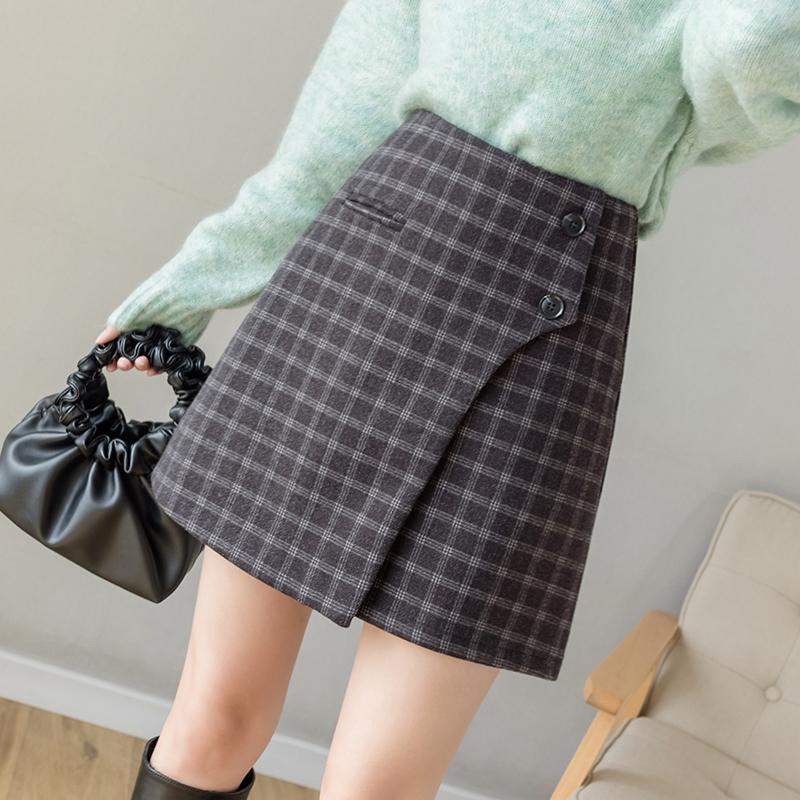 

Wool Skirt 2020 New Fashion High Waist A-Line Plaid Mini Skirt Womens Autumn Winter Woolen Short Skirts Casual Lady Jupe, Gray plaid