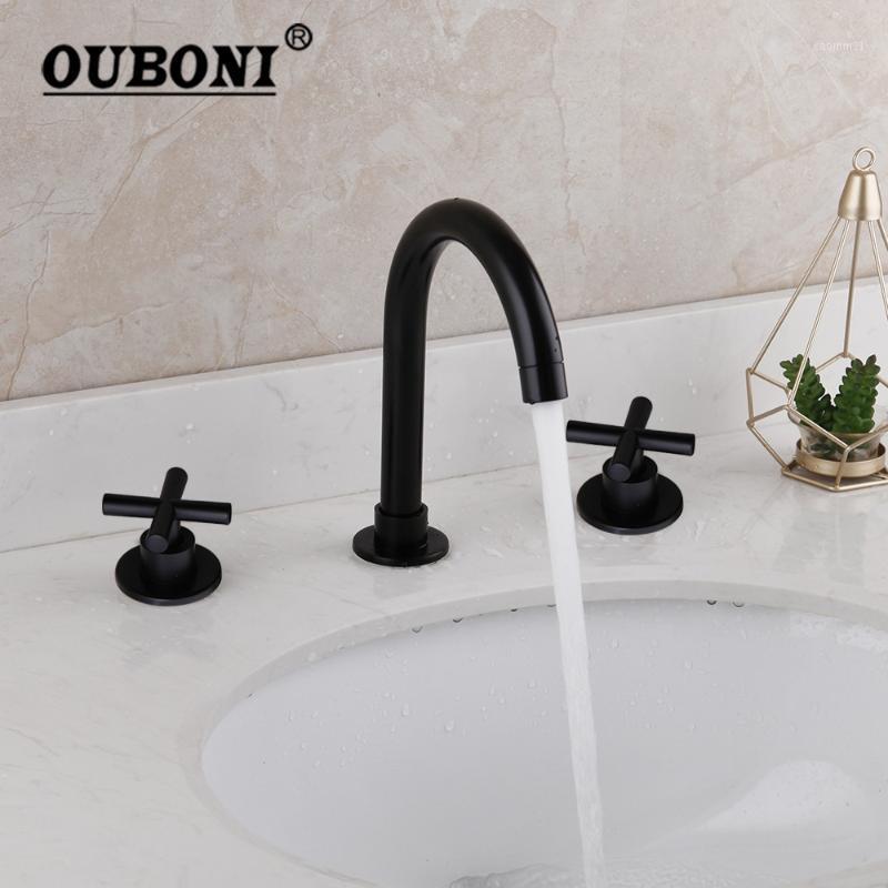 

OUBONI Matte Black Bathtub Faucet Set Swivel 3 Pcs 2 Handles Bathroom Basin Sink Solid Brass Faucet Mixer Tap1