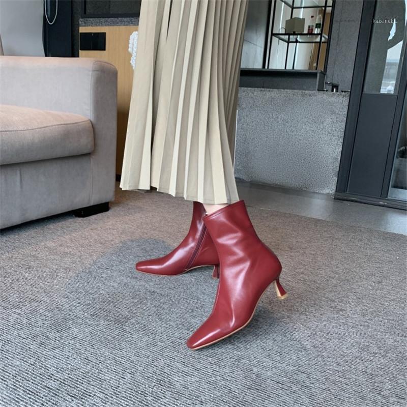 

Winter Women Boots Cow Leather Square Toe Thin Heels High (5cm-8cm) Side Zipper Solid Color Simplicity Short Boots Item No.M86891, Red wine