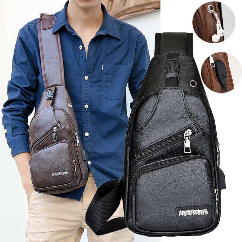 

Fashion Men PU Leather Small Sling Bags Chest Pack USB Charging Fanny Bags Shoulder Bag, Black