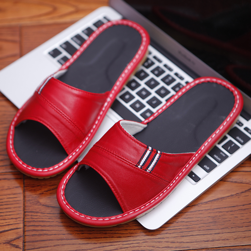 

2021 The New Female Lambskin See Home Genuine Leather Soft Domestic Pair Shoes Solid Anti-bouncing Male Slippers Bfaf, Orange.