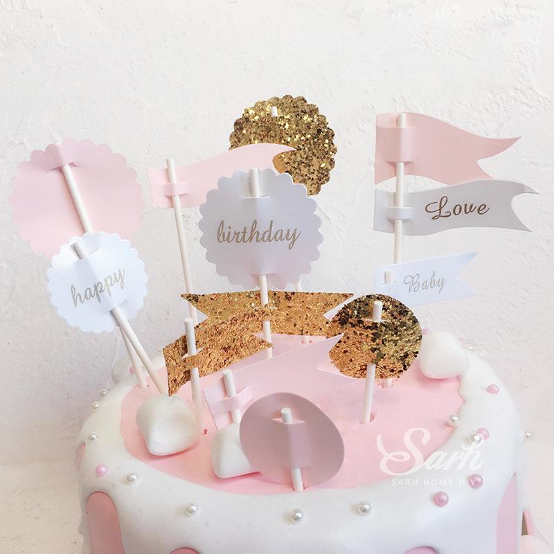 

1 Pack Cake Hat Party Creative Romantic Happy Birthday Kids Blue Pink Small Flag Topper DIY Wedding Happy Birthday Card Flag