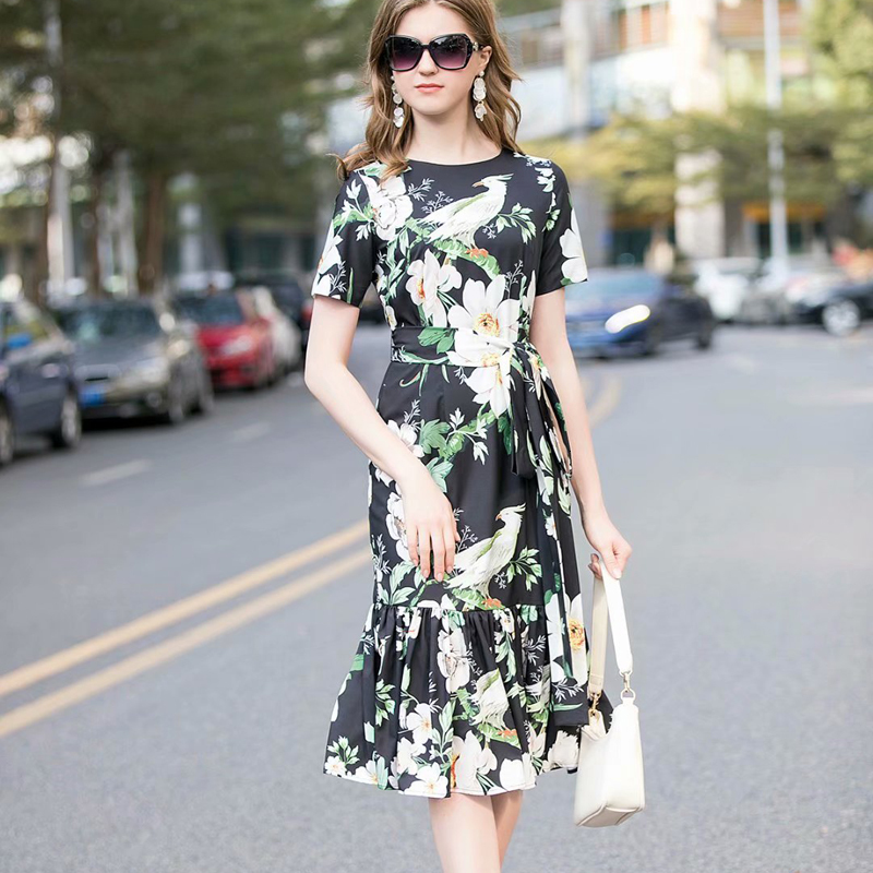 

Vintage Print Short Sleeve Belt Elegant Fishtail Mid-length Dress of High Quality Women Spring and Summer Jsw9, Multiple