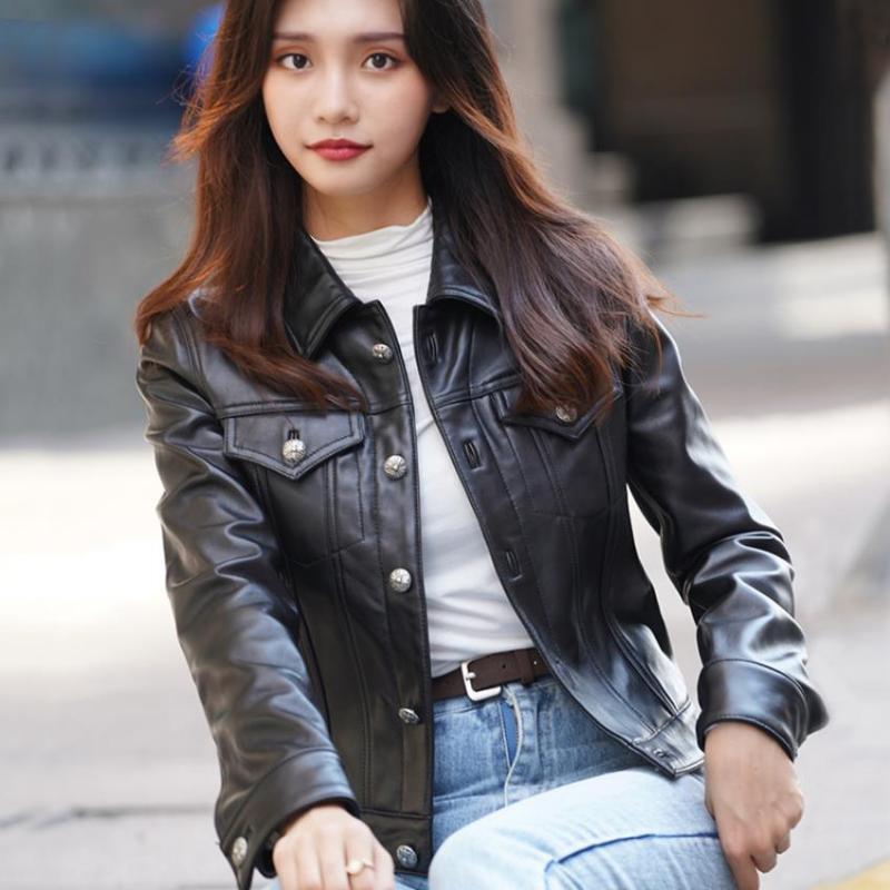 

Autumn spring natural real sheep Leather Jacket Punk Style Motorcyle leather Jackets Coats Streetwear F805, Black