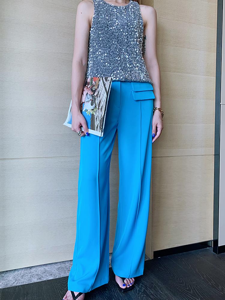 

Peach customized wide leg pants women's 2020 new summer high waist pocket high showing leg long pants Korean floor, Blue