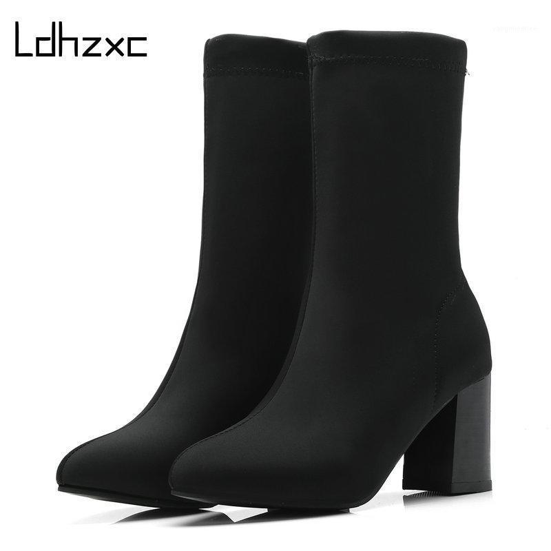 

LDHZXC 2020 Big Size 33-48 Fashion Mid Calf Boots High Heel Round Toe Spring Ladies Shoes Black Color Women Boots1