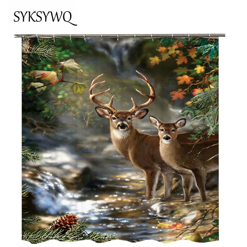 

Christmas Deer Curtains For Bathroom Shower Pine Cone Tree Stream Bathroom Curtain Water Rideau De Douche Elk Bath