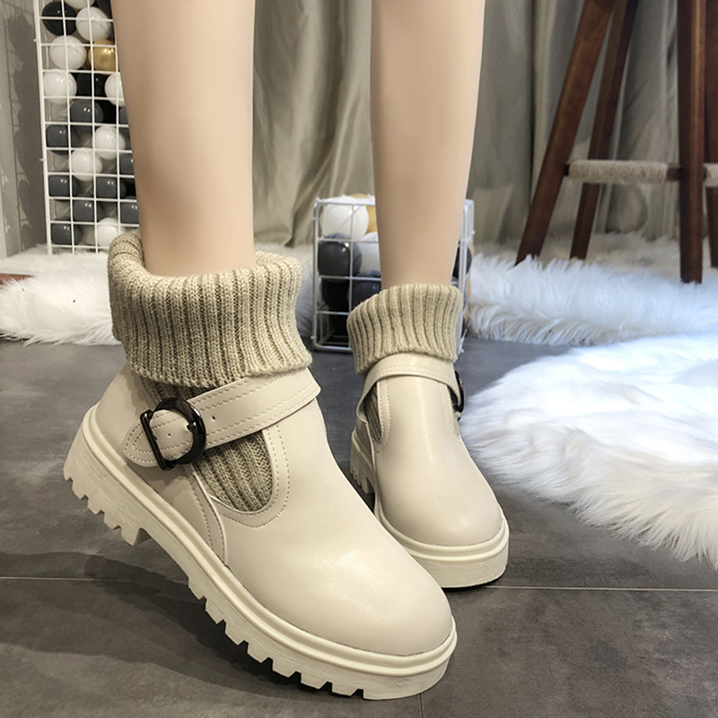 

Elastic Top knitted leather from plutonium ankle for women fashion buckle square jump short black woman boots beige platform, 12400；beige-12400；