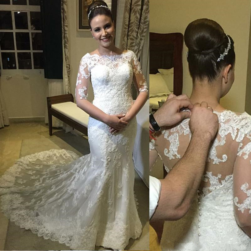 

Half Sleeves Mermaid Lace Wedding Dresses 2021 with Appliques Bateau Neck Sweep Train Bridal Gowns vestidos de novia, Champagne