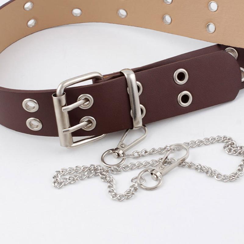 

Belts Women PU Leather Waist Belt Rivet Studded Double Row Holes Casual Waistband TC21, Black