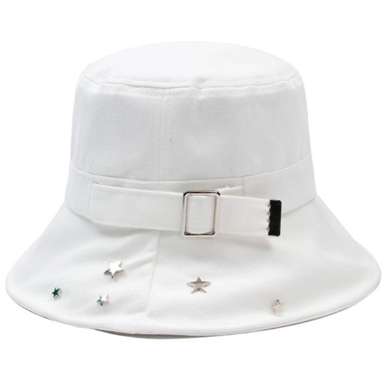 

Women Pentagram Star Rivets Harajuku Bucket Hat Metal Buckle Decorative Outdoor Sunscreen Hip Hop Panama Fisherman Cap, White