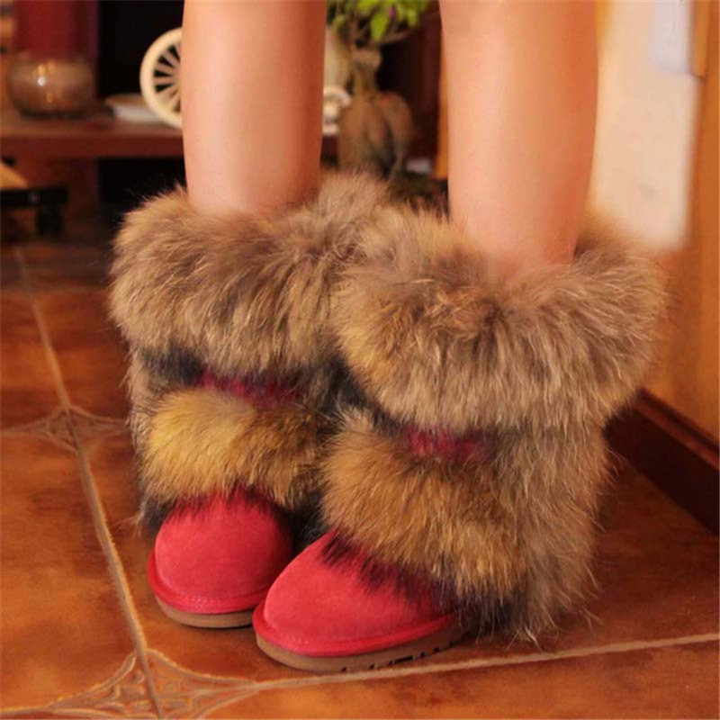 

High quality 2020 anti-slip great skin of fox woman winter shoes Geniune leather mid-calf female snow boots, Sandy
