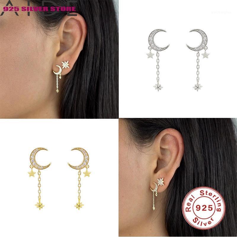 

Aide 1 Pair Zircon Moon Star All-match Chain Earring Stud For Women 100% Real Sterling 925 Silver Piercing Fine Jewelry, Golden;silver
