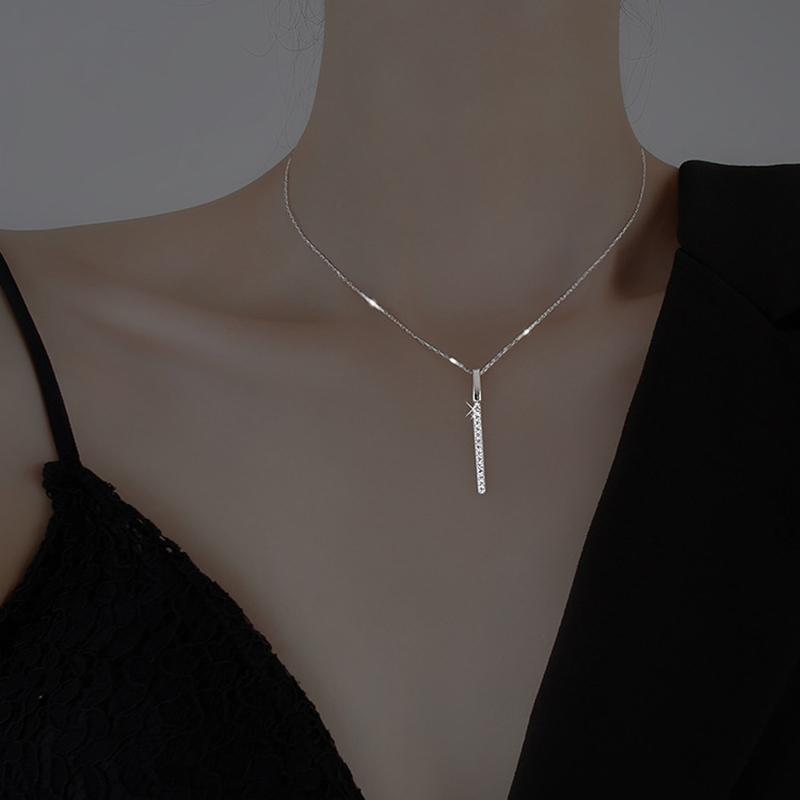 

925 Sterling Silver Necklace for Women Long Strip CZ Clavicle Chain Necklace Fine Jewelry Gifts S-N739