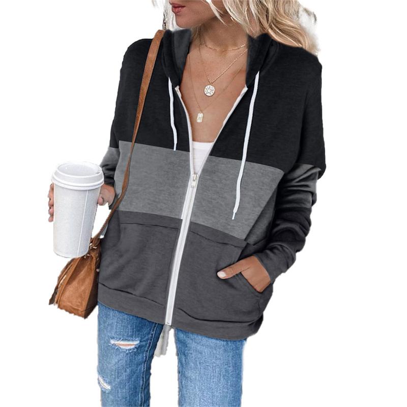 

2020 Fashion Trend Women Color Block Cardigan Autumn Winter Casual Long Sleeve Front Pocket Drawstring Hoodie Zipper Outwear