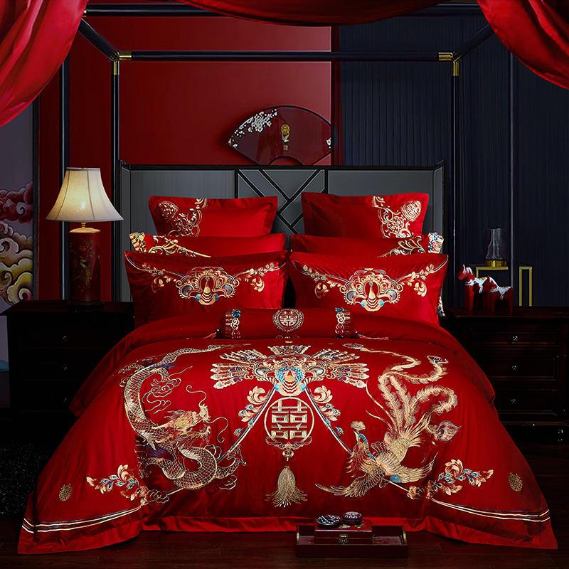 

Luxury Golden Loong Phoenix Embroidery Chinese Wedding Solid Red Cotton Bedding Set Duvet Cover Bed Sheet Linen Pillowcases