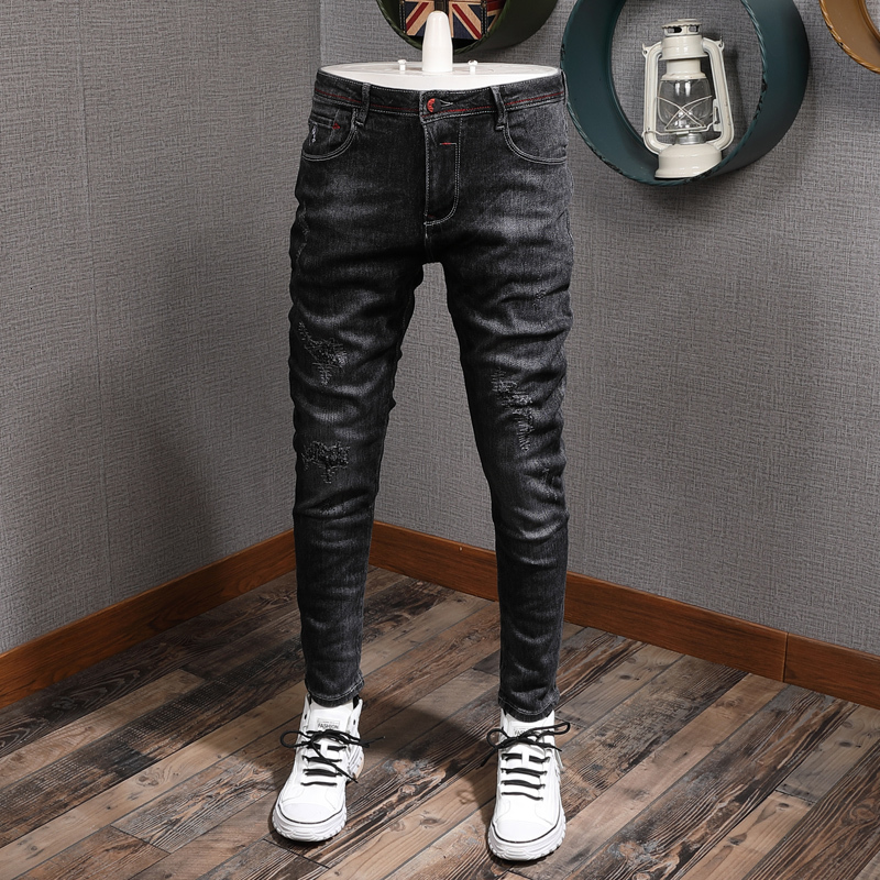 

2021 New Japanese Style Fashion Black Slim Fit Elastic Ripped Men Denim Pencil Pants Streetwear Vintage Designer Jeans Lmtf