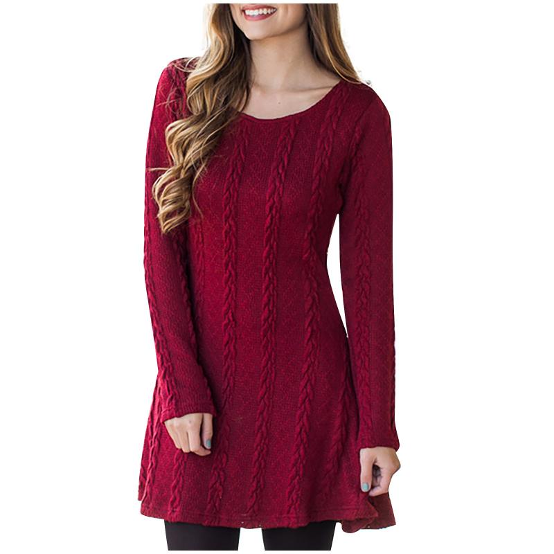 

In Stock Fashion Women Dress Tight Long Sleeve Solid Color Sexy Sweater Vestidos Red Winter Party Dress O-neck Slim High Waist, Navy blue