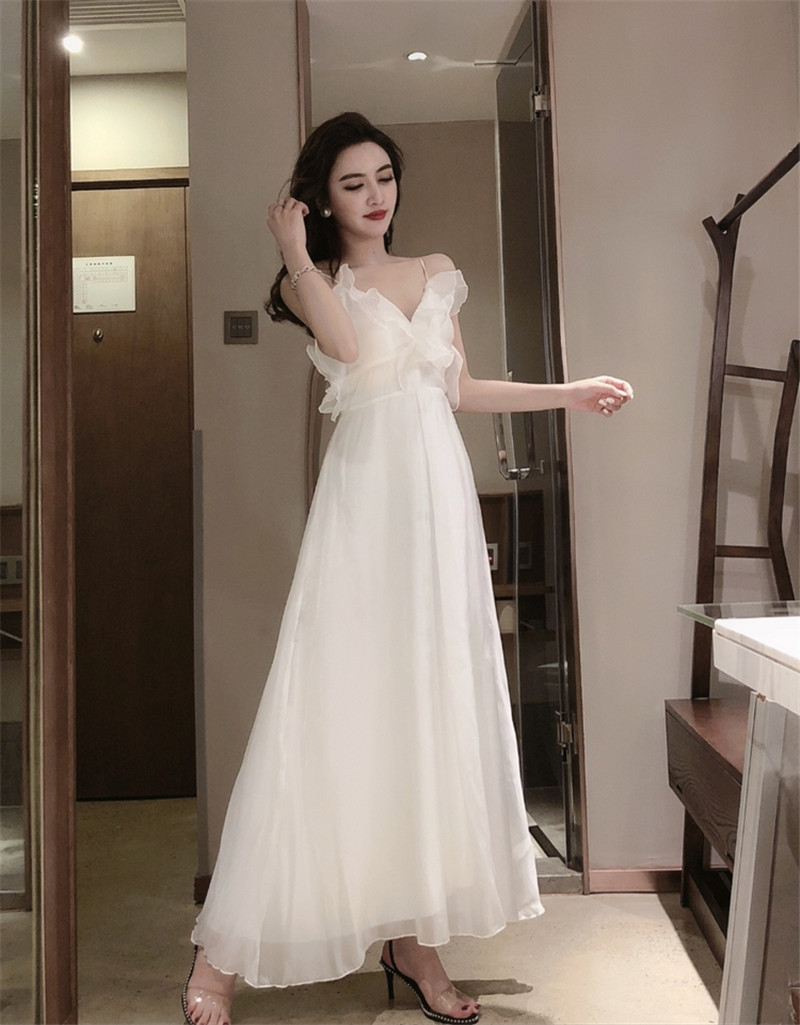 

2021 Fairy White Female Will See New Straps Long Dressed As Sexy Beach with Neckline Frilly Ankle-length Dress JKQ5