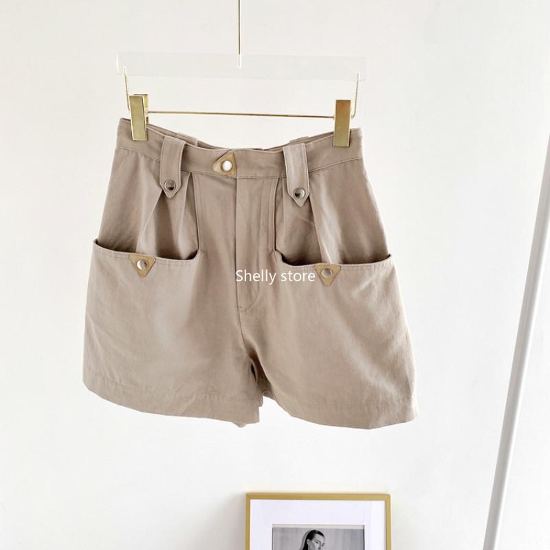 

High Quality Woman Cotton Shorts High Waist Big Pocket Shorts Women, Beige