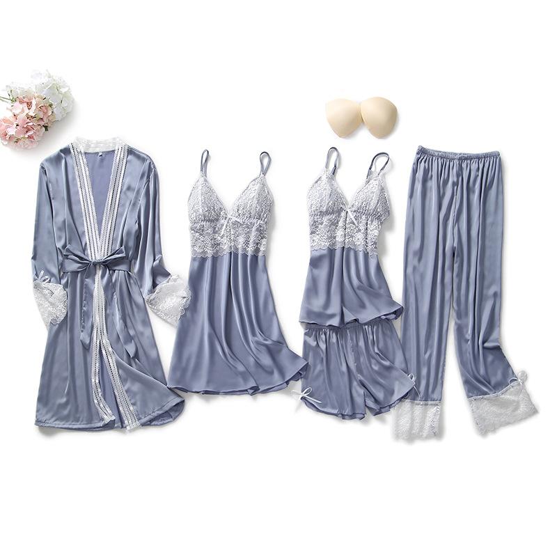 

5 Piece Lace Sleepwear Sets Satin Negligee Bridesmaid Robe Pajamas Set Sexy Women Pink Nightgowns Night Dress Bathrobe Nightwear, Black