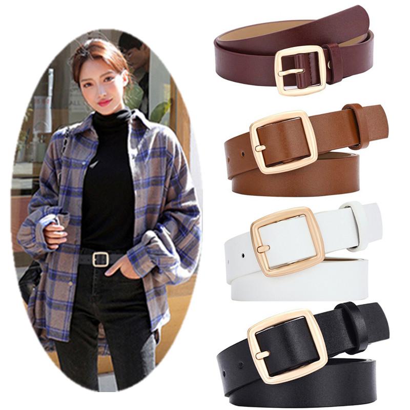 

1PC Women Girls Fashion Faux Leather Gold Pin Metal Buckle Straps Women Belts Mujer Accessories, Black