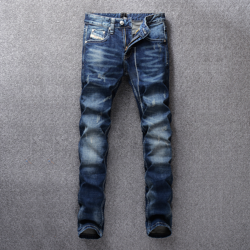 

2021 New Italian Style Fashion Men Jeans Retro Blue Slim Fit Distressed Ripped Cotton Denim Pants Streetwear Designer Hip Hop Trousers X5io