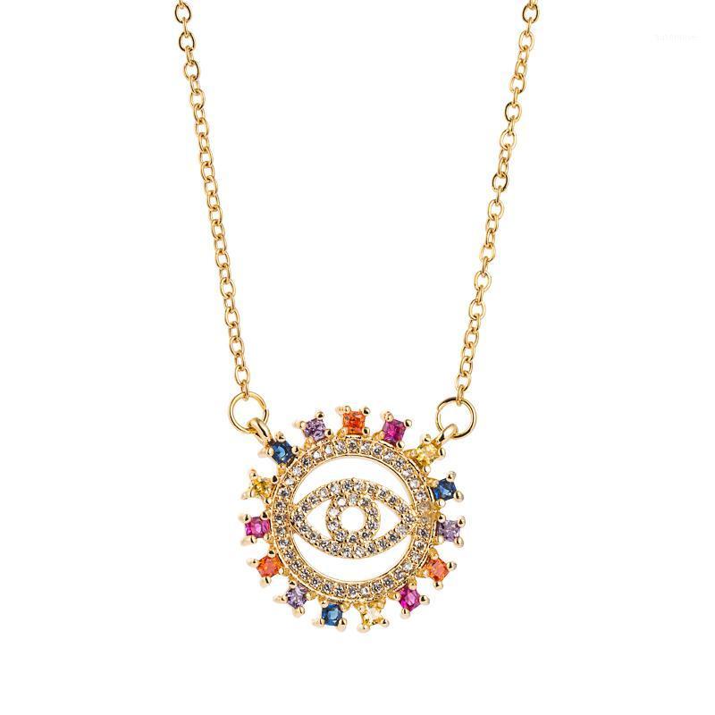 

woman's gold rainbow color cubic zirconia pendant necklace for woman personality hollow geometric girl big round choker necklace1