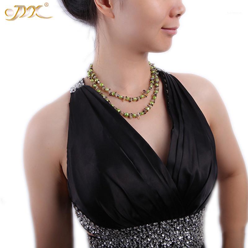 

JYX Fine Jewelry Factory Price 7-8mm green flat freshwater pearl and crystal chips necklace1