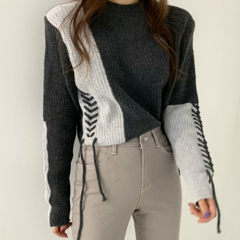

2021 New Women's Knitting Sweater Slap-neck Lace to Pit Mesh Jumpers Korean-style Korean Office Lady Winter Clothes SAJ7, Gray.