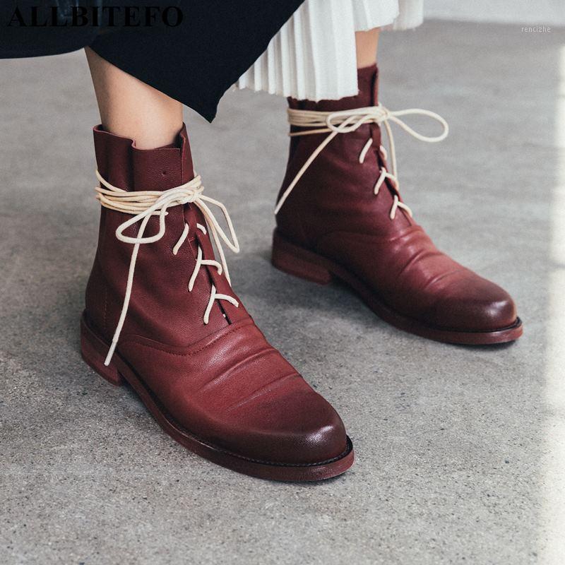 

ALLBITEFO real genuine leather women boots simple style Round toe ankle boots comfortable Autumn Winter fashion Pure color1, Plush inside