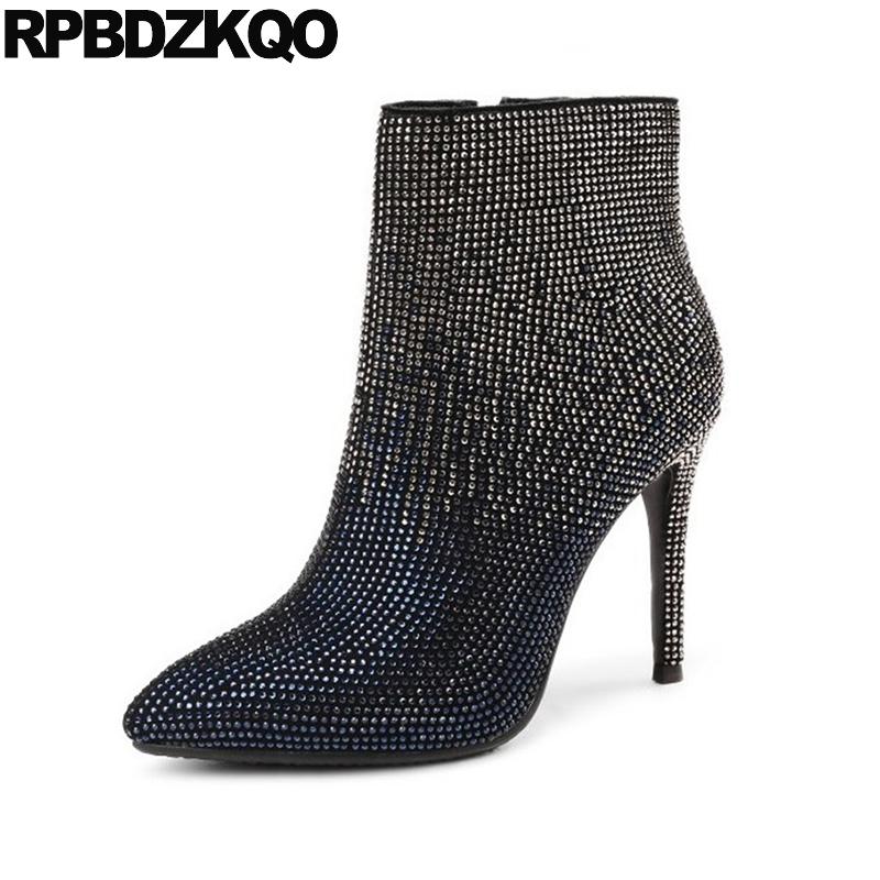 

Silver Fur Booties Shoes Brand Women Winter Boots Genuine Leather Stiletto Rhinestone Pointed Toe Luxury Bling High Heel Sexy, Black
