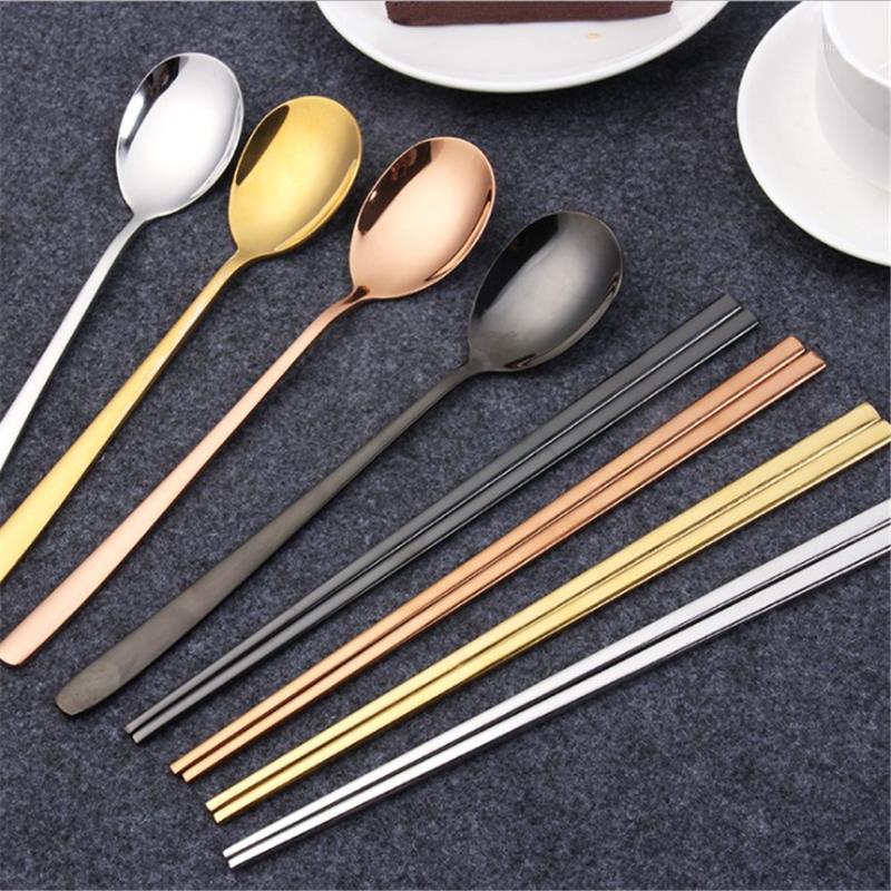 

1 set Korean cuisine spoon and chopsticks tableware stainless steel creative mirror polished titanium round solid Cutlery set1