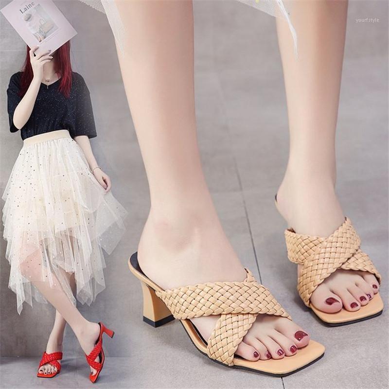 

2020 NEW cross Lattice Square head Peep Toe High Heel Slippers Summer Fashion Slip On Sexy Thin Heels Slides Women Mules Party1, Black