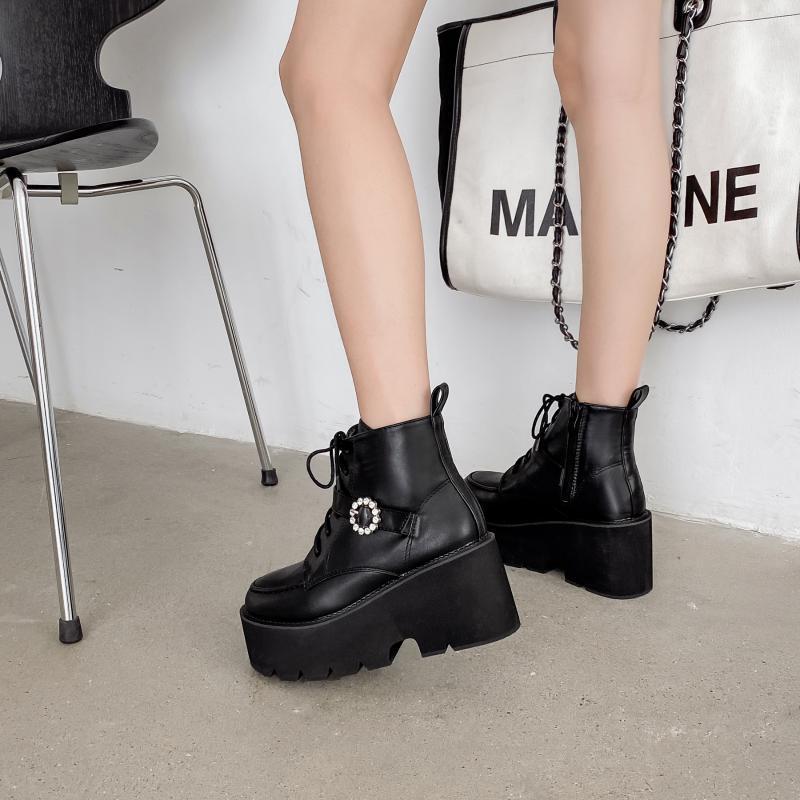 

Lace up Cross-tie Platform Boots Women Round Toe Black Goth Boots Women High Heel Autumn Women's1