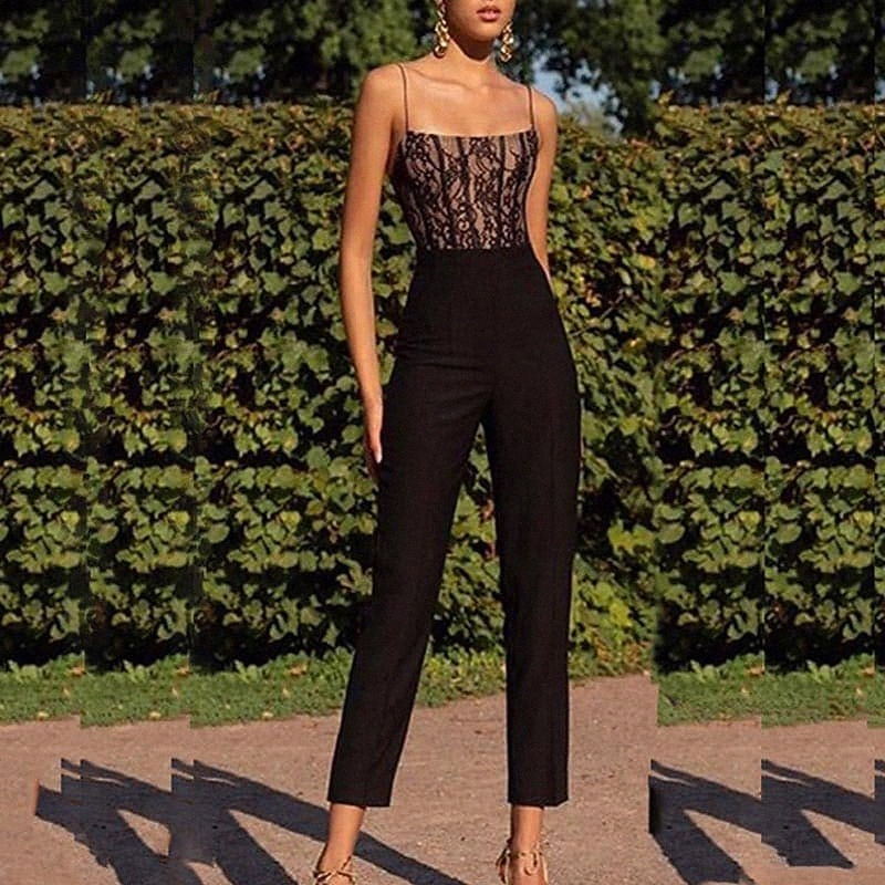 women's Jumpsuit High Waist Lace Elegant Business Prom Regular Fit Spaghetti Strap Black S M L Summer l8Dw#-image-756089592