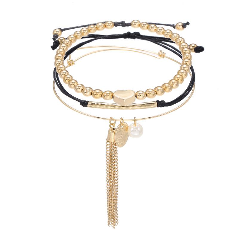

Creative Style Alloy Material Beaded Bracelet for Women Geometric Round Heart-Shaped Long Tassel Imitation Pearl Pendant Jewelry