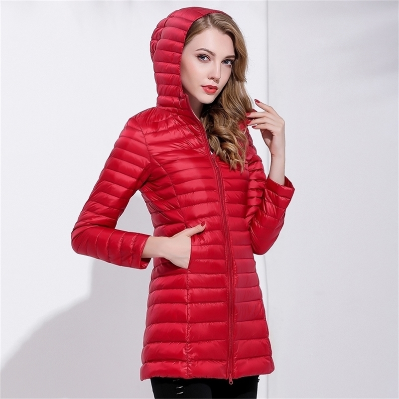 

Winter Jackets Women White Duck Down Long Jacket Female Padded Hooded Parkas Ultra Light Portable Down Coats 201102, Wine red