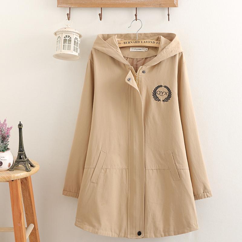 

Large size Women Trench Coat 2020 Autumn Long Sleeve Casual Female Windbreaker Embroidery Loose Overcoat Hooded Outerwear R593, Khaki