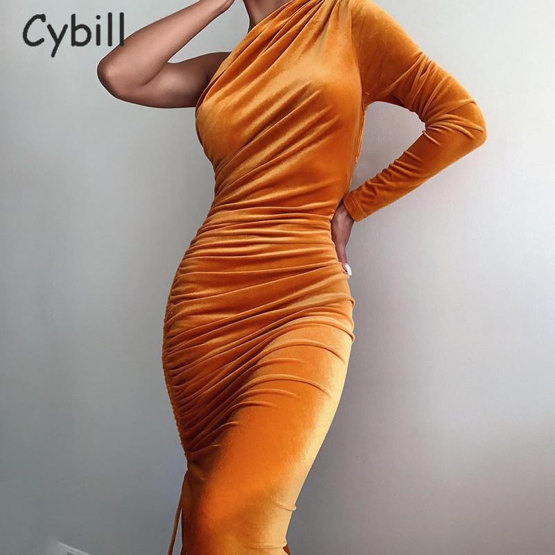 

Cybill One Shoulder Lace Up Ruched Bodycon Dress Autumn Long Sleeve Sexy MIidi Dress Velvet Club Party Dresses, Black