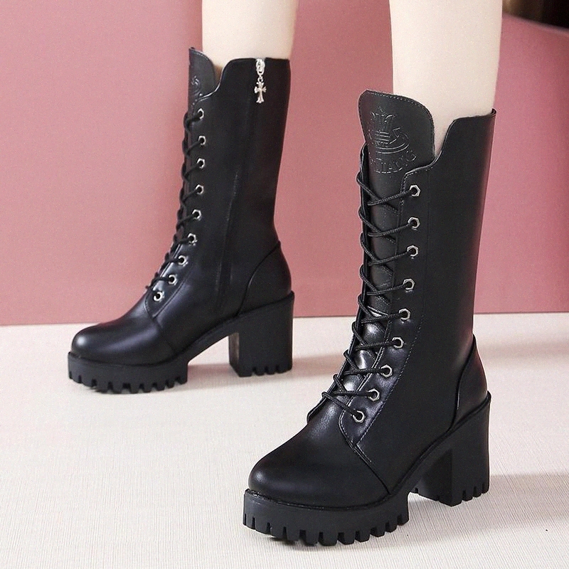 

2020 Winter Shoes Women Platform Motorcycle Boots Lace Up Booties High Heels Riding Equestrian Plush Botas mujer Plus Size 8421N #JW2v, Black
