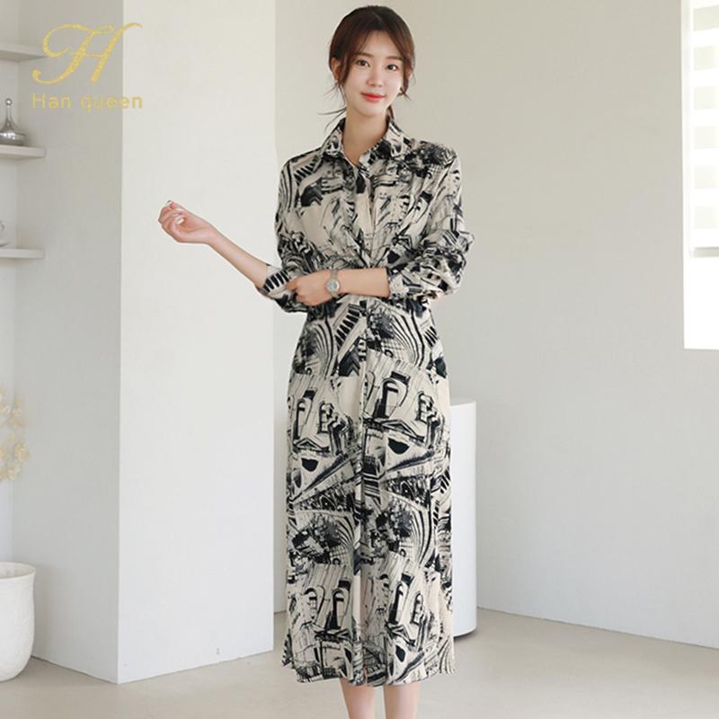 

H Han Queen Pleated Vintage Print Shirt Maxi Dress Office New Korean Autumn Evening Party Long Sleeve Fashion Casual Dresses, Gray